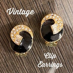Vintage Black Enamel Swirl Clip Earrings with Rhinestones